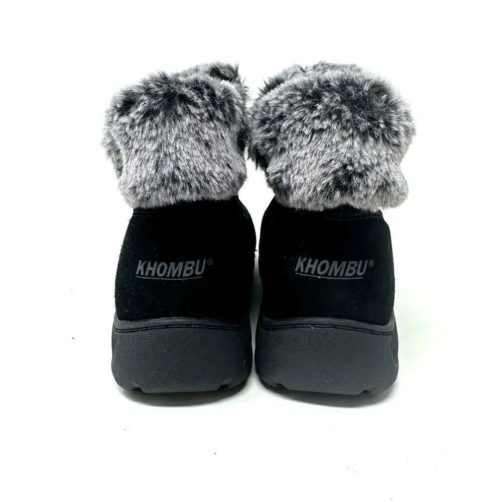 Khombu‎ Size 7 Boots Black Leather Slip On Faux Fur Side Zip Winter Snow Warm